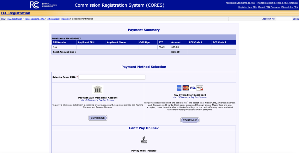 Screenshot from FCC Commission Registration System (CORES) Payment Summary