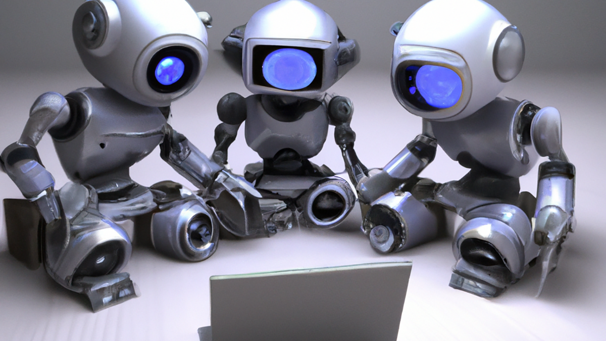 DALL-E prompt: A 3D render of robots watching online videos