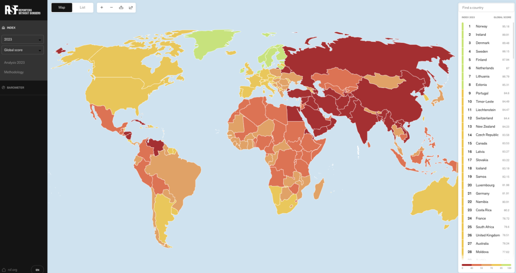 A screenshot of the RSF World Press Freedom Index. https://rsf.org/en/index