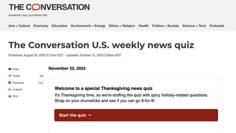 Screenshot of The Conversation U.S. weekly news quiz from Nov. 22, 2023.