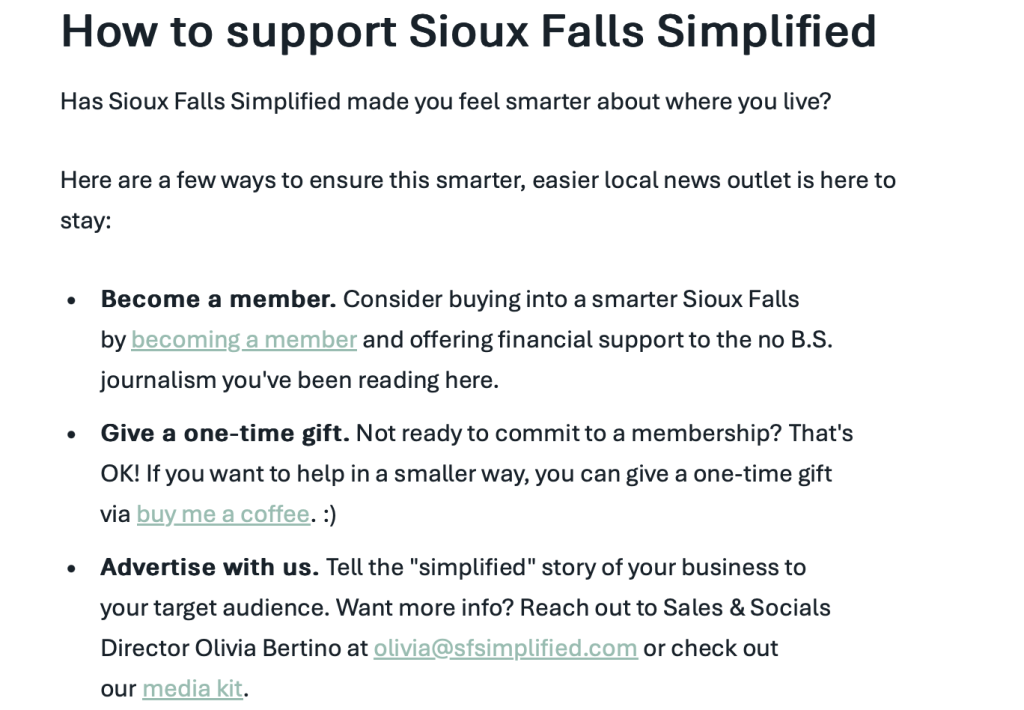 At the end of a recent newsletter, Megan Raposa includes a list of ways to support her hyperlocal news outlet.