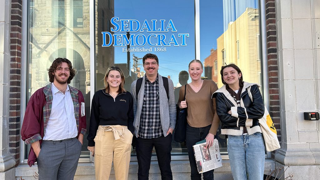 Students from the community news class during a field trip to the Sedalia Democrat. L-R: Quinn Coffman, Molly Miller, Eli Hoff, Emily Hood and Sam Barrett