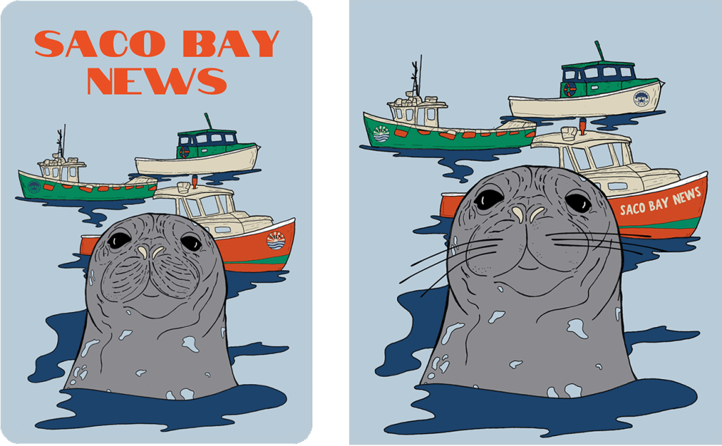 Saco Bay News’ Liz Gotthelf and her artist decided to move the organization’s name to a more subtle location from the top of the image in the earlier draft (left) to the side of the boat (right).