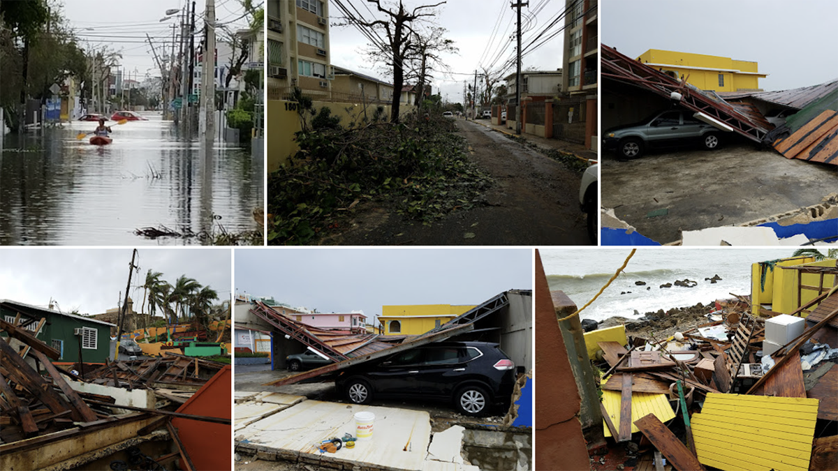 A collage of images of the city of San Juan the day after Hurricane María hit Puerto Rico in 2017. Photos: María Arce