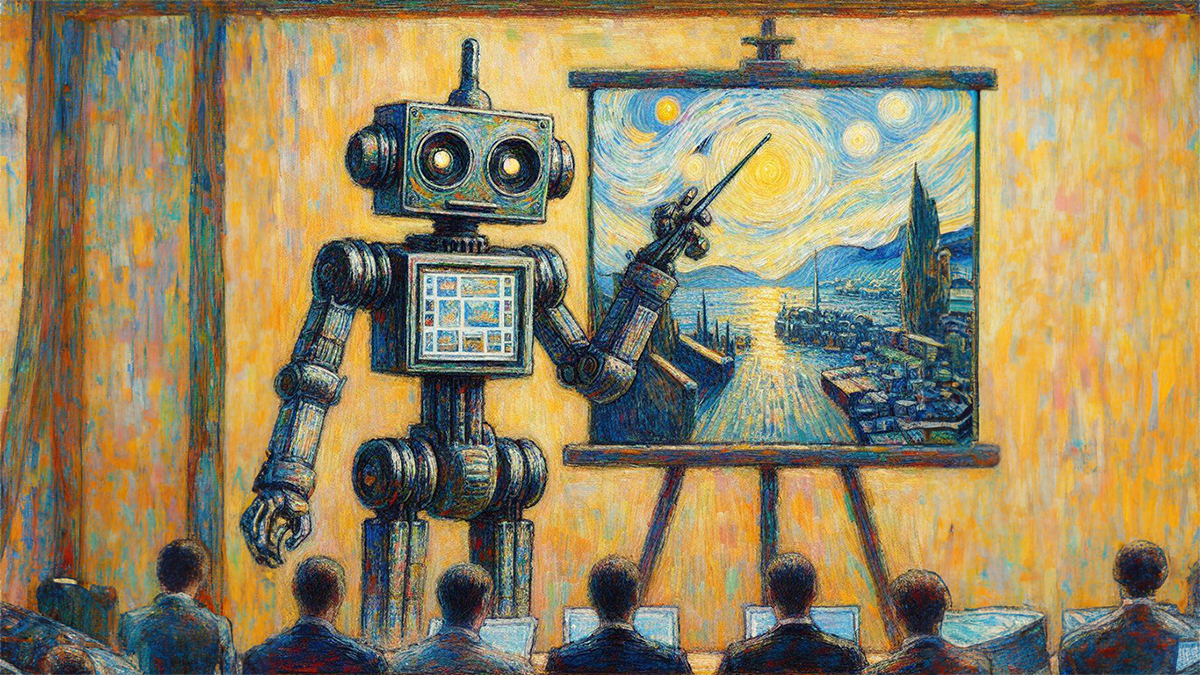 Prompt: A Claude Monet-style illustration of a robot giving a PowerPoint presentation via Dall.E3.