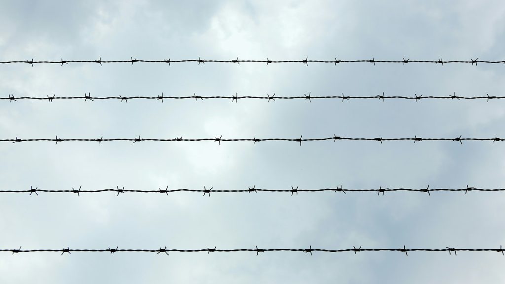 Strands of barbed wire across a cloudy sky.