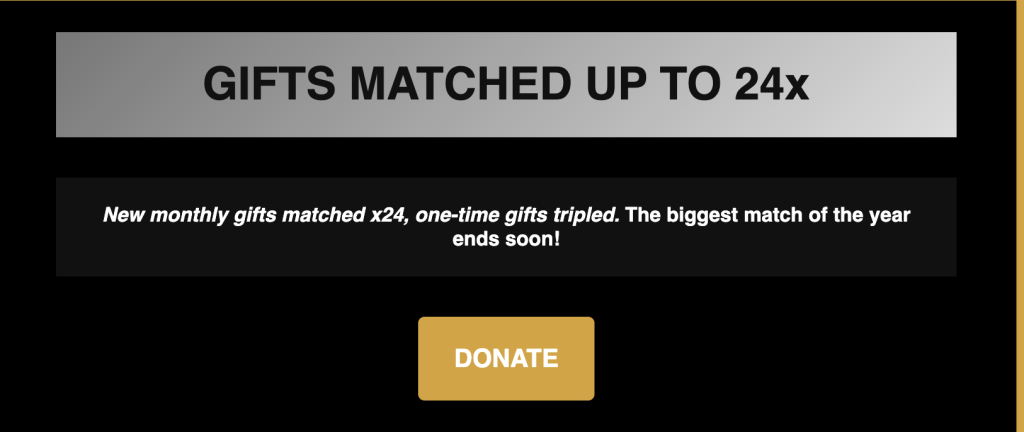 Gifts matched up to 24x

New monthly gifts matched x24, one-time gifts tripled. The biggest match of the year ends soon!

Donate