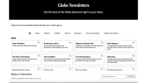 Screenshot of Globe newsletters subscription page