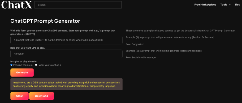 Screenshot of ChatX, ChatGPT prompt generator