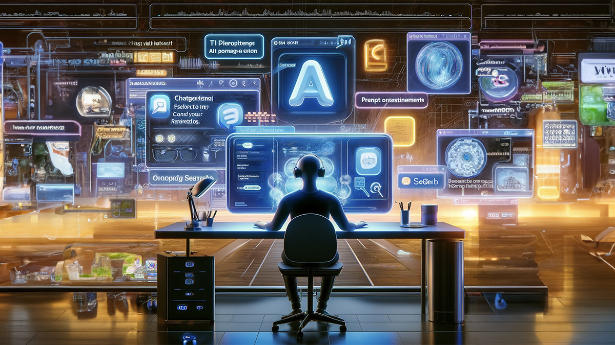 Prompt: An illustration that visualizes a futuristic digital workspace, showcasing various AI tools in use for efficient workflow enhancements
