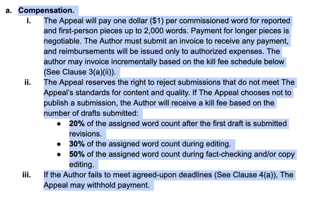 Screenshot of the Compensation section of The Appeal's freelancer contract