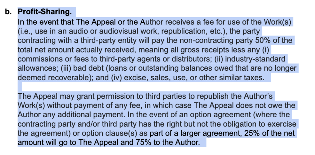 Screenshot of Profit-sharing section of The Appeal's freelancer contract