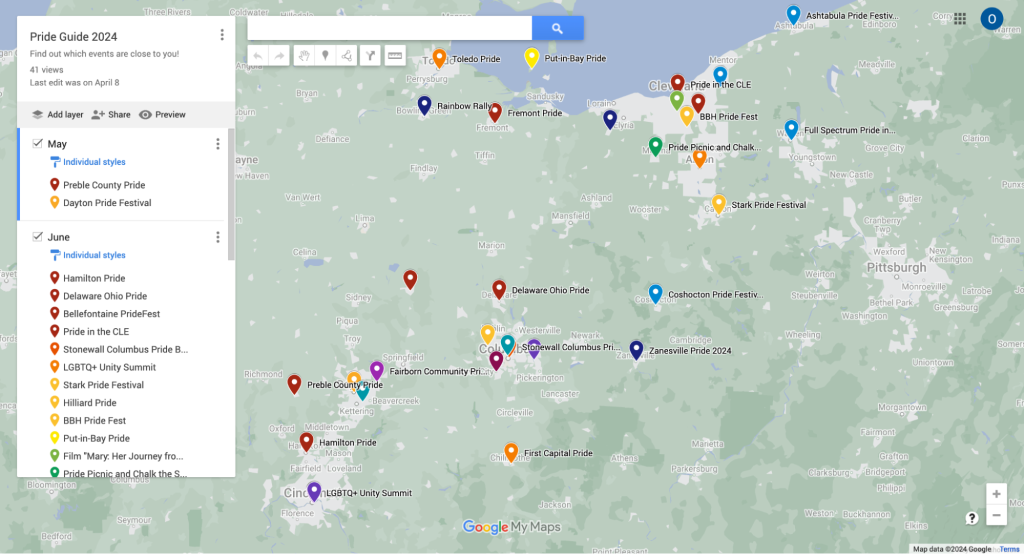 The Google My Maps test run, sorting each point by month.