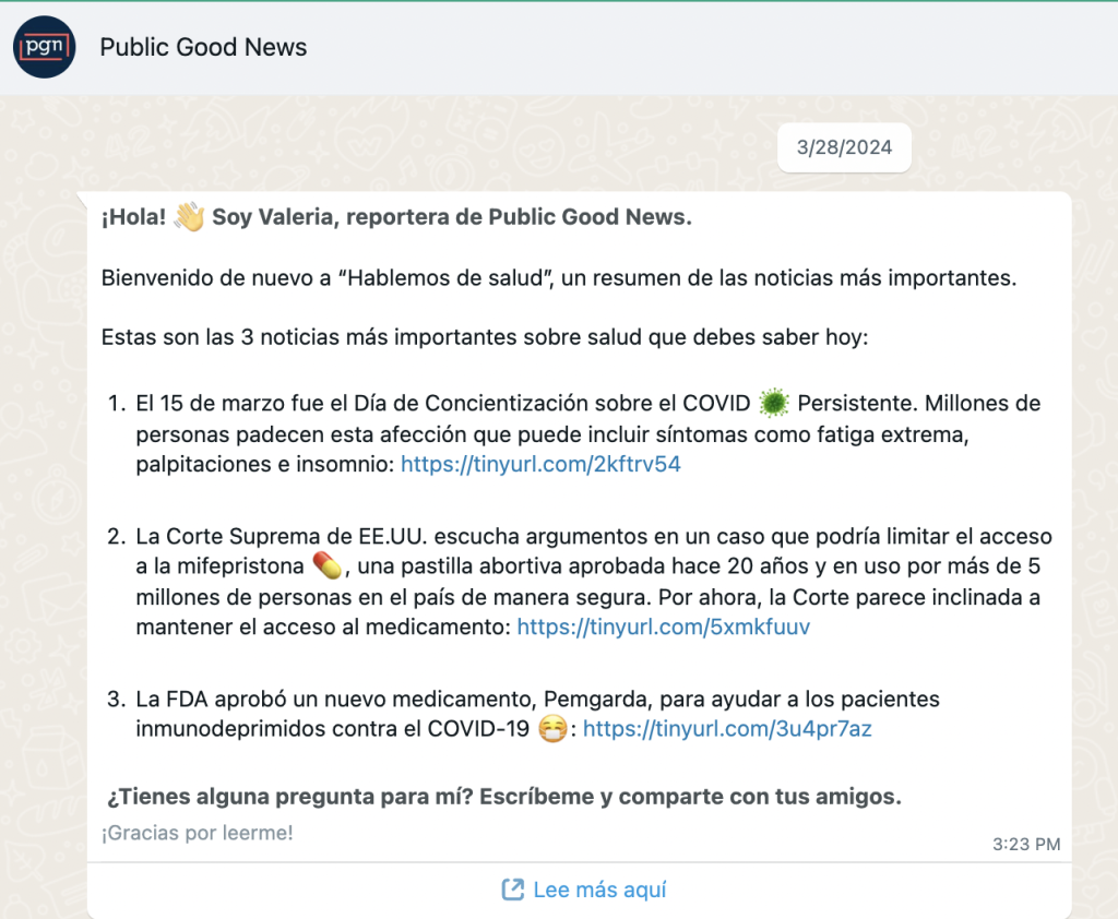Screenshot of Public Good News Spanish-language newsletter