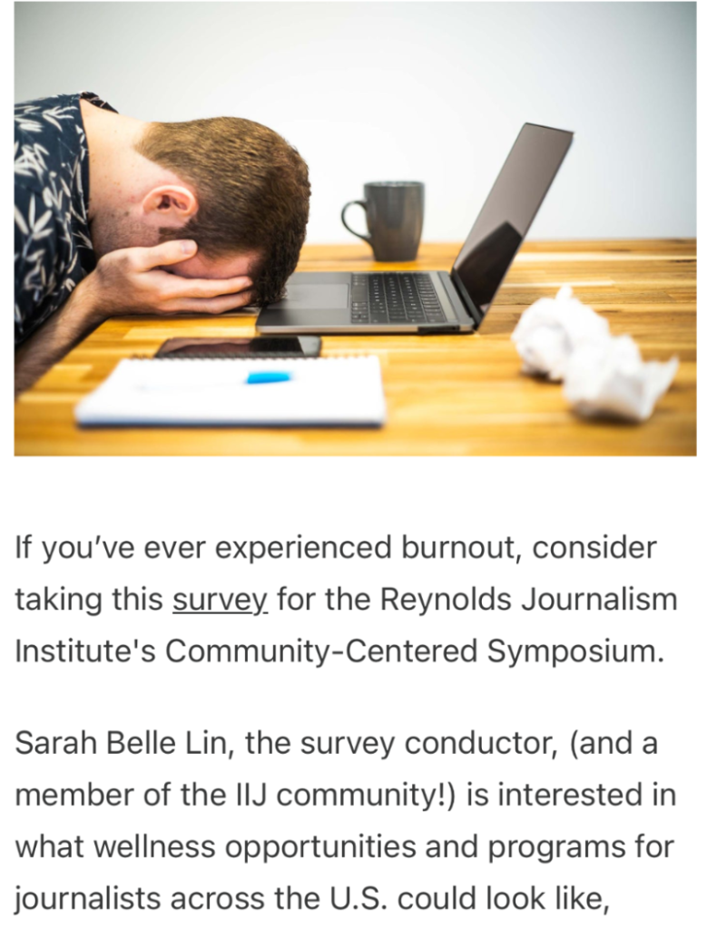 Screenshot of story about RJI burnout survey