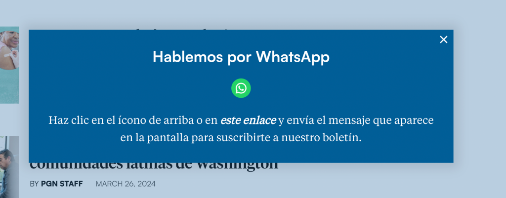 Screenshot from Spanish-language WhatsApp newsletter, Hablemaos de Salud por WhatsApp
