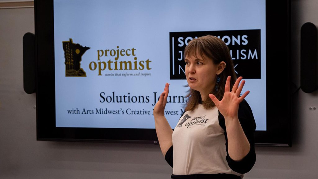 Project Optimist Founder Nora Hertel leads a training on solutions journalism for Arts Midwest's Creative Midwest Media Cohort gathering in Minneapolis, Minn., on Wednesday, May 8, 2024. Photo: Mia McGill | Arts Midwest