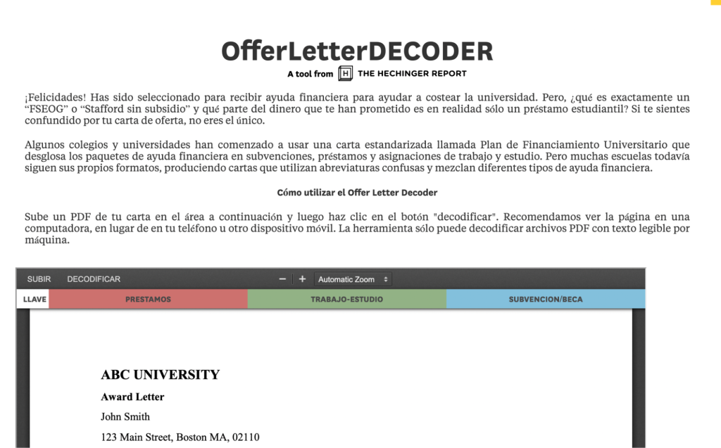 A prototype of the Offer Letter Decoder re-engineered in Spanish for the web. This version is still in process of being finalized and has yet to be checked by a translator.