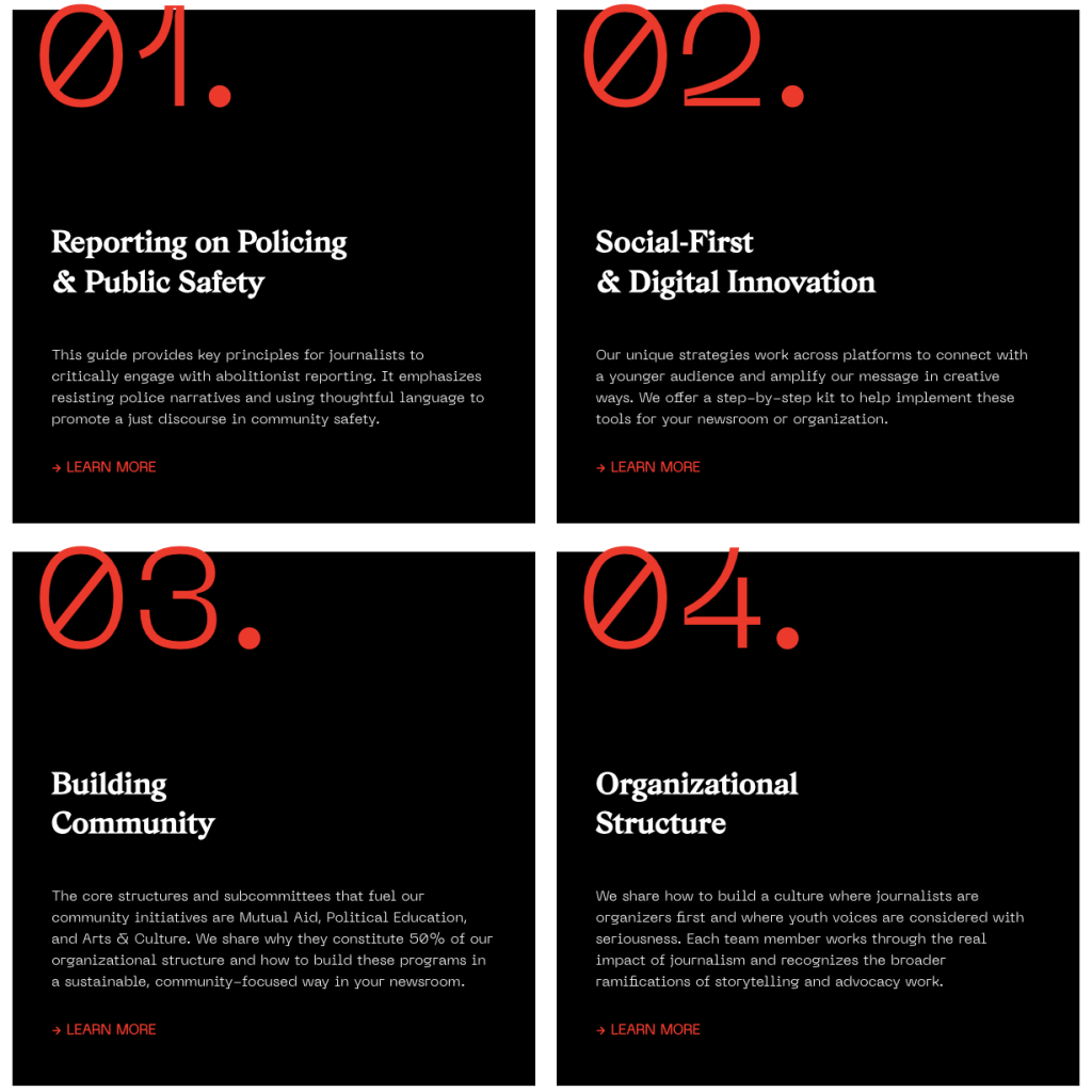 1. Reporting on policing and public safety
2. Social-first and digital innovation
3. Building community
4. Oganizational structure