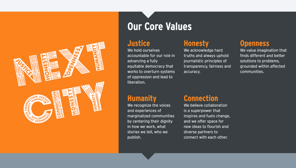 Screenshot of Next City’s core values from its website. Its core values are justice, honesty, openness, humanity and connection. Source: https://nextcity.org/about