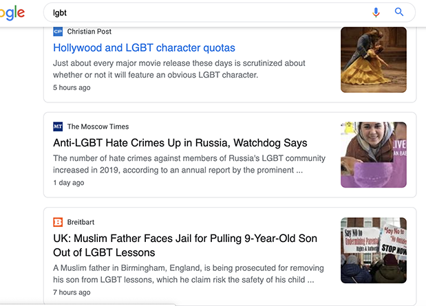 Screenshot of top LGBTQ stories from Google News, February 6, 2020