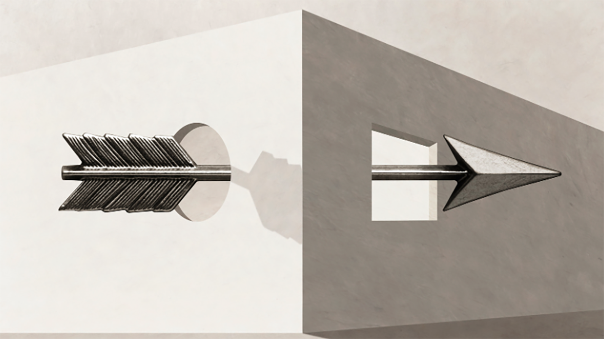 Illustration of an arrow passing through a round hole in one wall and a square hole in another.