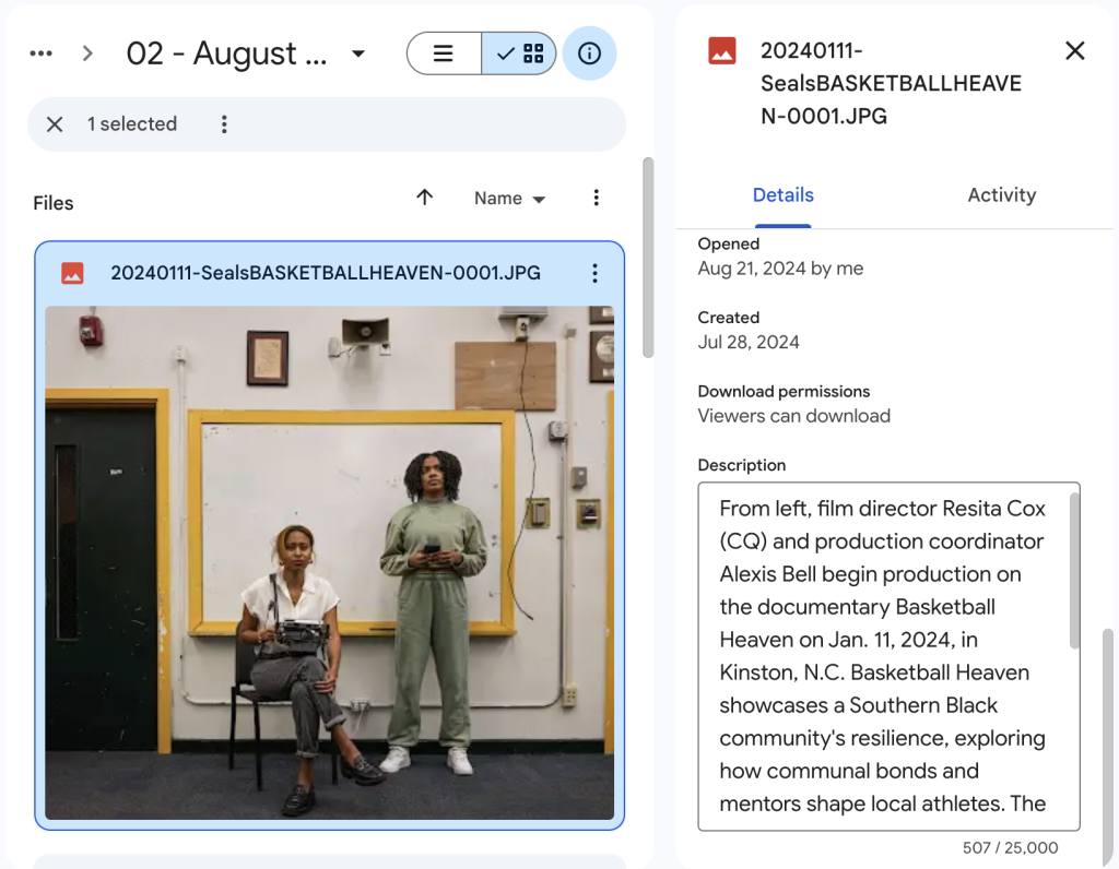 Screenshot of Google Drive entry for photo, including description in metadata