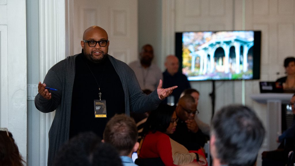 Manny Smith leads part of the Gun Violence Prevention Reporter Certificate Workshop, hosted by the Philadelphia Center for Gun Violence Reporting at the Cope House at Awbury Arboretum in Philadelphia on Wednesday, November 15, 2023. Photo: Kriston Jae Bethel for PCGVR