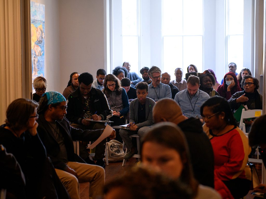 Attendees participate in the Gun Violence Prevention Reporter Certificate Workshop, hosted by the Philadelphia Center for Gun Violence Reporting at the Cope House at Awbury Arboretum in Philadelphia on Wednesday, November 15, 2023. Photo: Kriston Jae Bethel for PCGVR