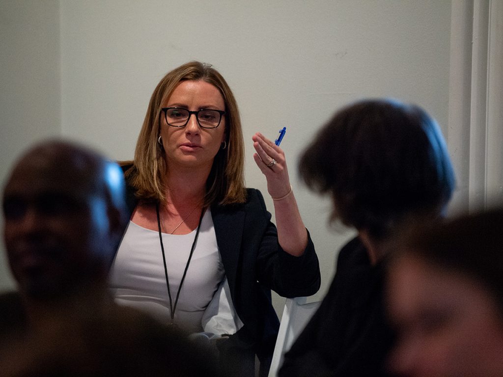 Beccah Hendrickson, a reporter with 6ABC participates in the Gun Violence Prevention Reporter Certificate Workshop, hosted by the Philadelphia Center for Gun Violence Reporting at the Cope House at Awbury Arboretum in Philadelphia on Wednesday, November 15, 2023. Photo: Kriston Jae Bethel for PCGVR