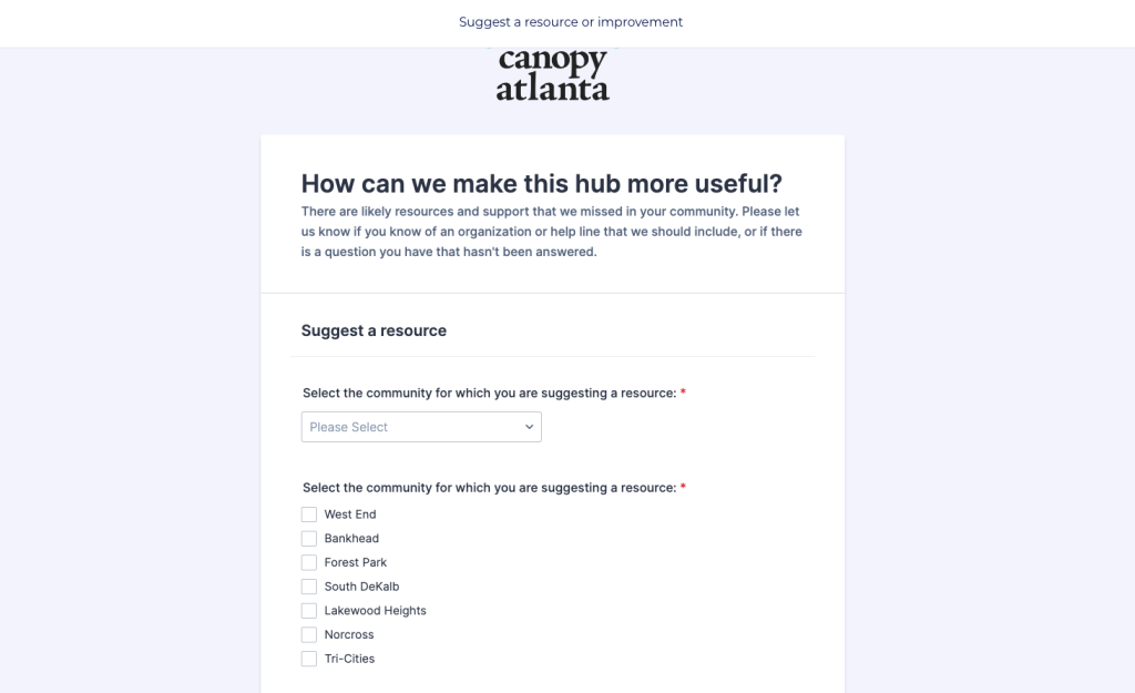 A form to ask community members for feedback and to contribute missing resources.