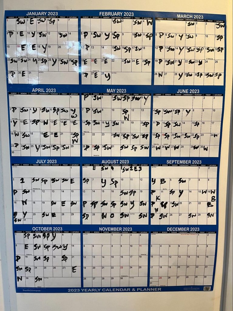 A wipe-off calendar for tracking what type of exercise I did on which days: bike, elliptical, spin, swim, pilates, power walk, or yoga. (Reused the calendar from 2023.) Courtesy of Katherine Lewis