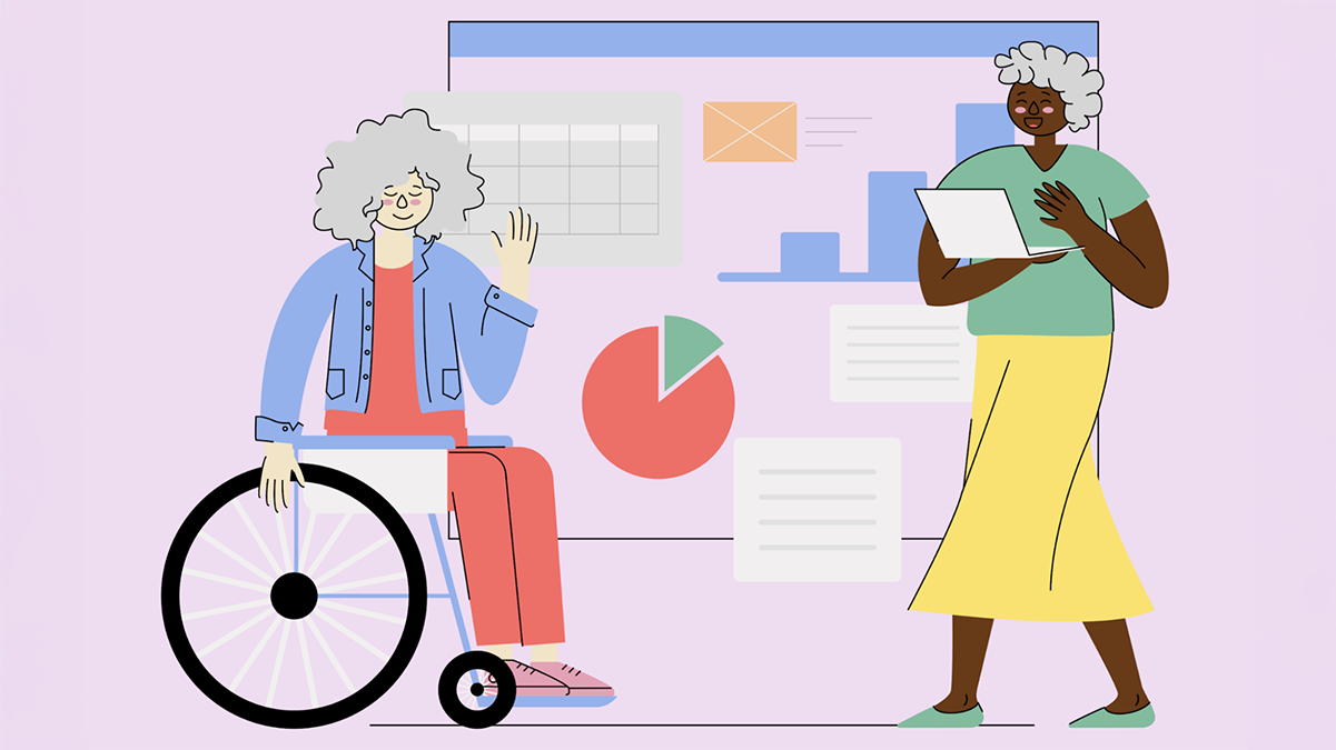 Woman in wheelchair and woman with a laptop in front of screen showing charts and graphs. Image: Susana Salas | Blush.design