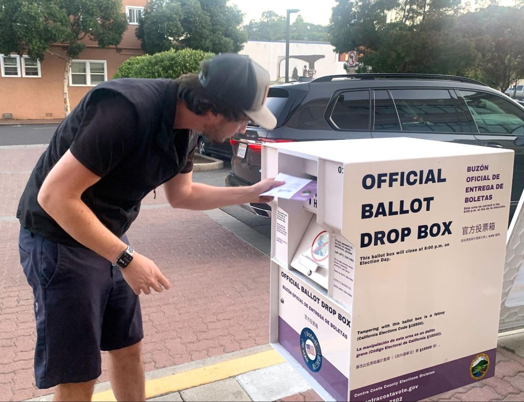 A voter drops his ballot into an official ballot drop box in Martinez, Calif., on Tuesday, Nov. 5, 2024. Photo: Tony Hicks | Bay City News