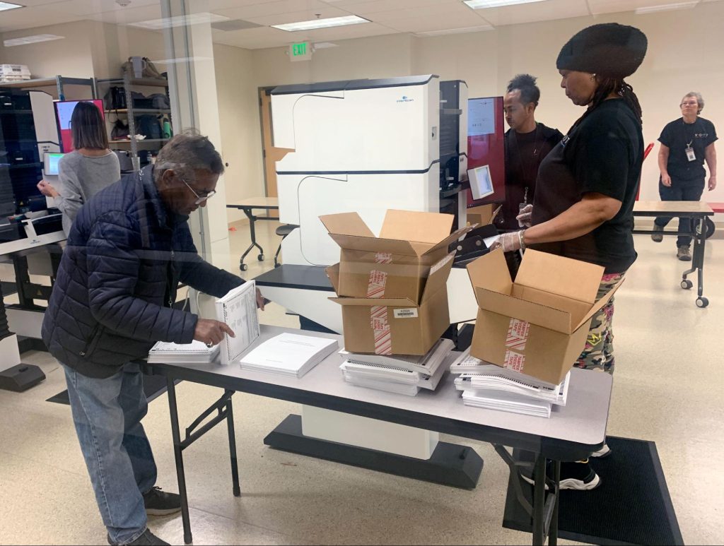 Election workers sort ballots at the Contra Costa County Election Office in Martinez, Calif., on Tuesday, Nov. 5, 2024. Photo: Tony Hick | Bay City News
