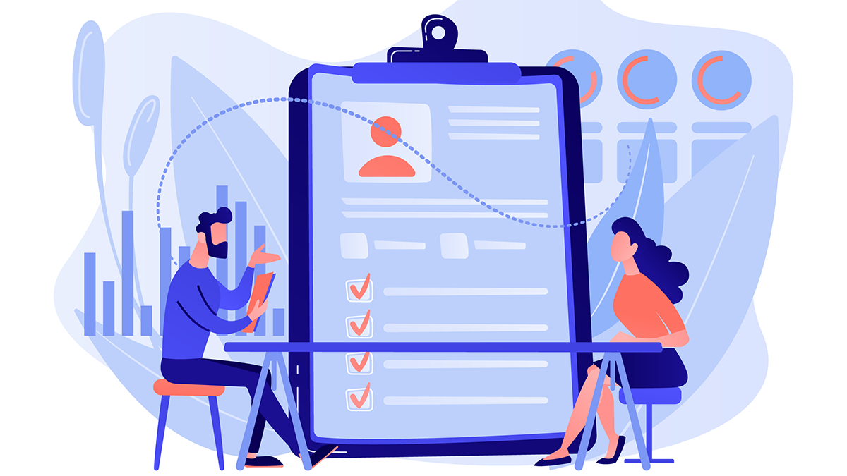 Employer meeting job applicant at pre-employment assessment. Employee evaluation, assessment form and report, performance review concept. Living coral blue vector isolated illustration