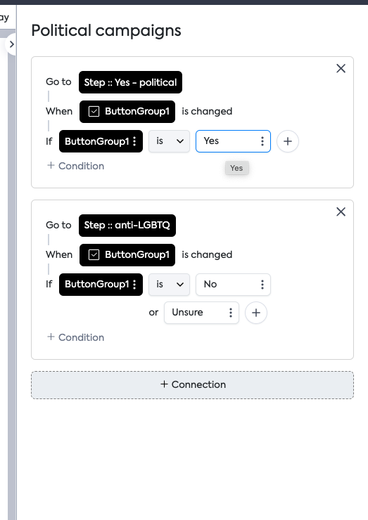 A screenshot of settings in Feathery that show how we set up conditional logic.