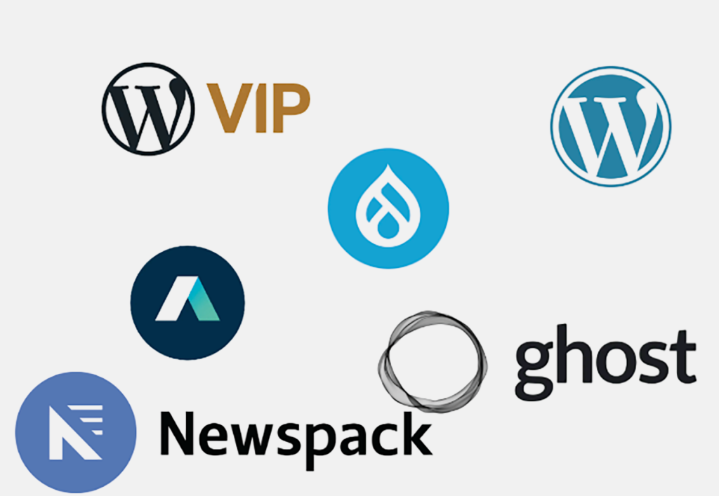 Logos of some of the different CMS available to news organizations.