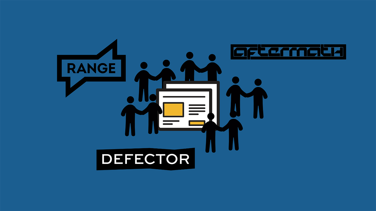 Graphic by James Salanga. Logos from RANGE Media, Defector Media, Aftermath Media. Vectors courtesy of SVG Repo.