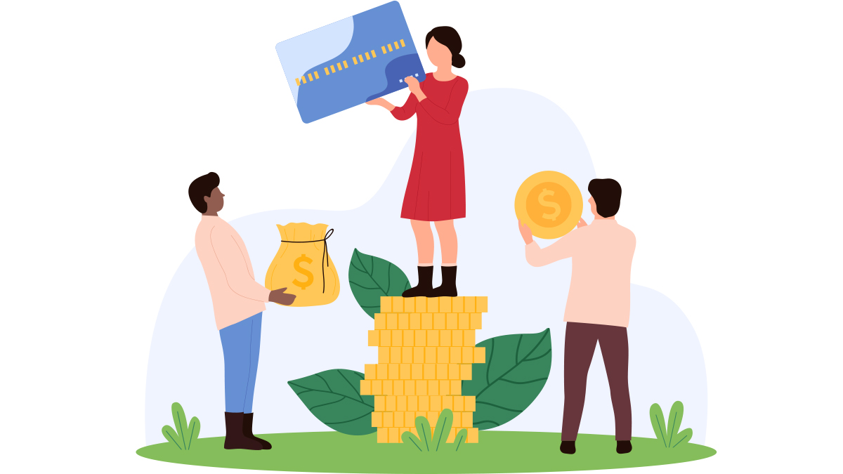 Illustration of a woman with a giant credit card standing on a stack of giant gold coins while men offer up bags of money and a giant gold coin.