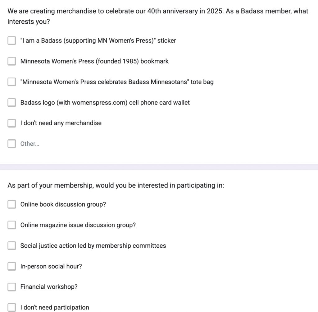 Survey questions to develop perks for donating
