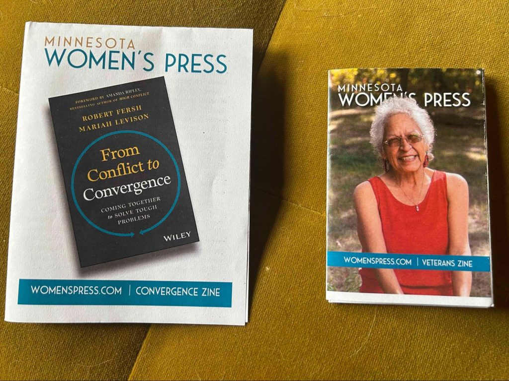 Two zines from Minnesota Women's Press, Convergence zine and Veterans zine