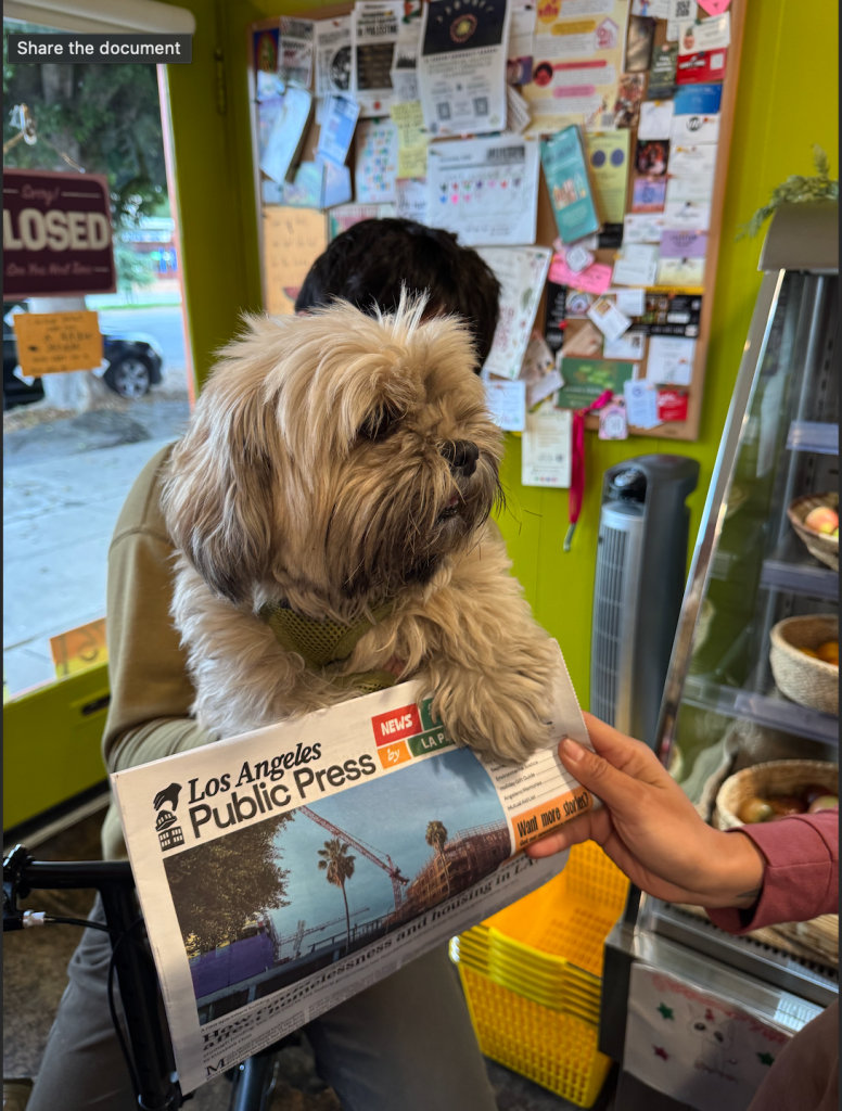 Dog with a copy of LA Public Press.