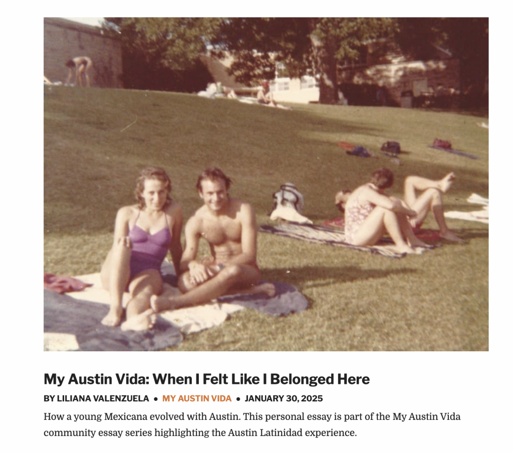 An old photo, or filtered to look old, of people in swimwear sitting on blankets on a grassy hillside. My Austin Vida: When I Felt Like I Belonged Here