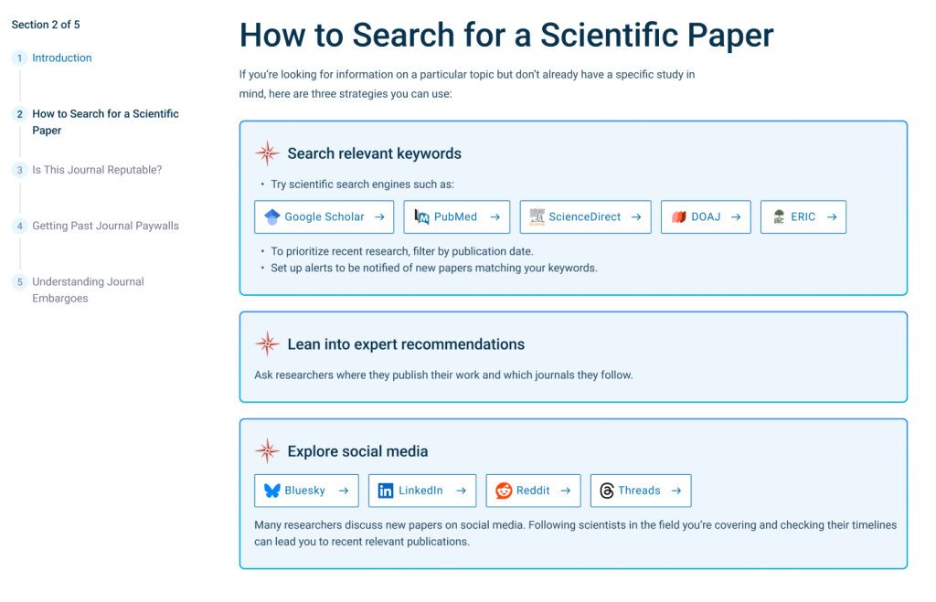 A wireframe from the Science Reporting Navigator’s lesson on finding scientific papers.