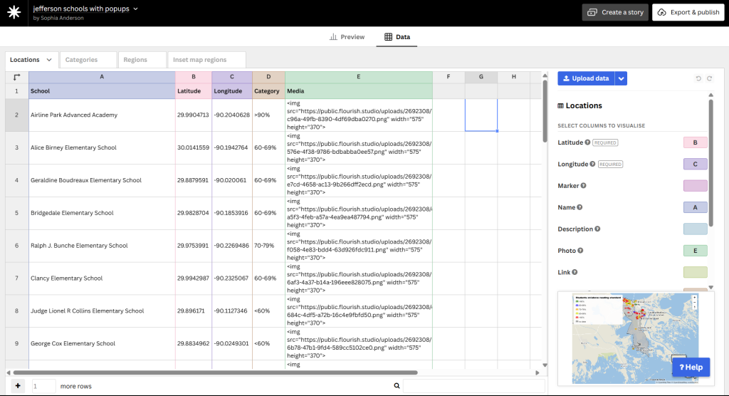 Data inputs for Flourish map, showing the code that allows for images of each school’s dashboard to be embedded.