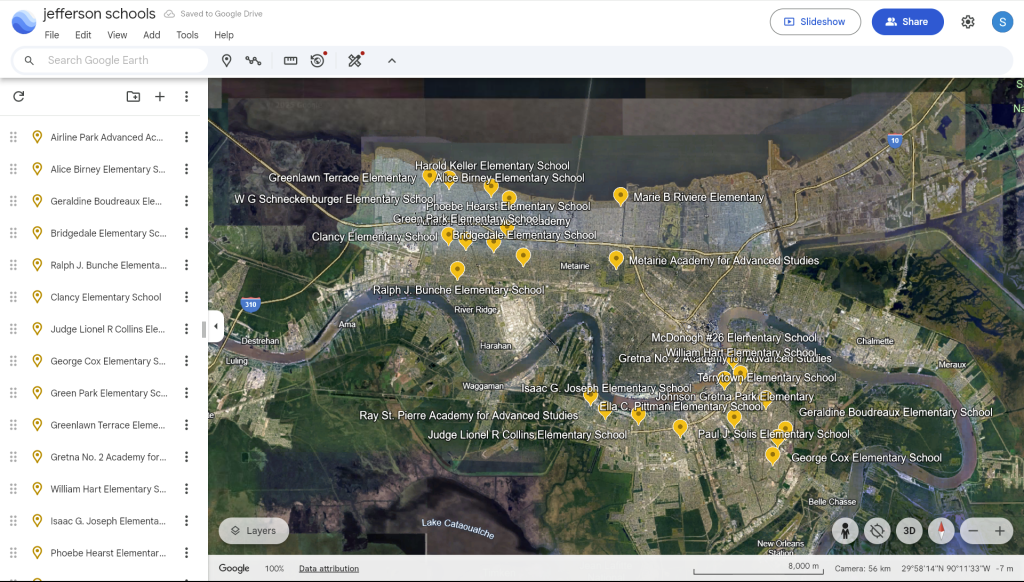 Google Earth map showing the coordinates of Jefferson Parish elementary schools. 