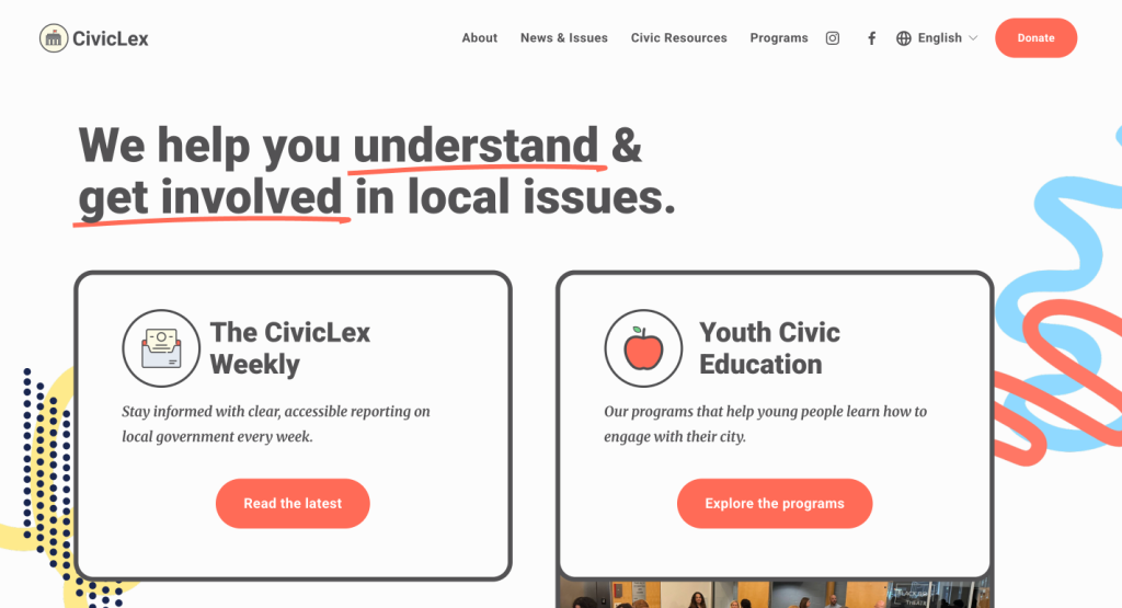 CivicLex’s updated website with their priorities and identity clearly stated.