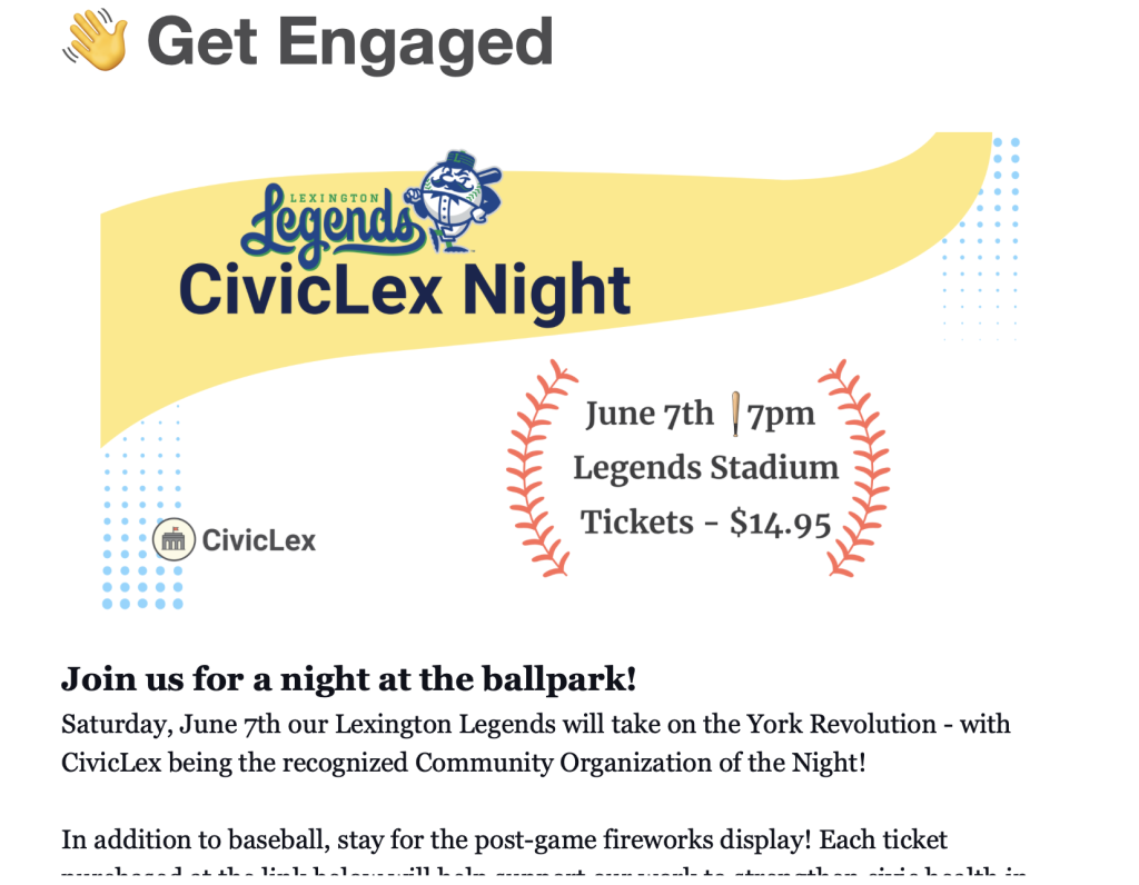 A screenshot of the “Get Engaged” section from CivicLex’s current weekly newsletter.