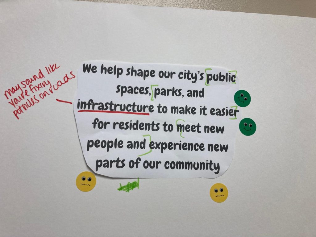 One of the stations which focused on language that CivicLex staff uses to describe their work, and invited people to mark up and react to each statement. Photo: Emily Lytle